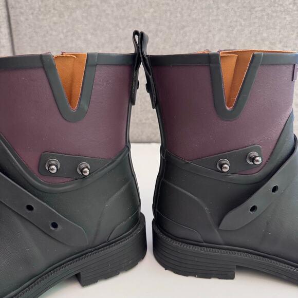 Rag & Bone Shoes Women 37 Black Moto Rubber Rain Boot Zip Strap Stud Detail - Picture 9 of 16